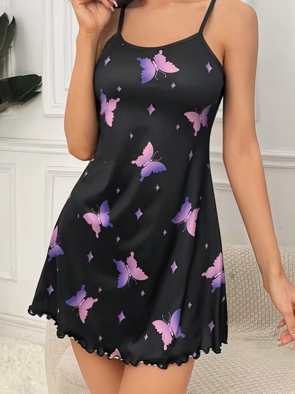 Colorful Butterfly Spaghetti Strap Nightgown